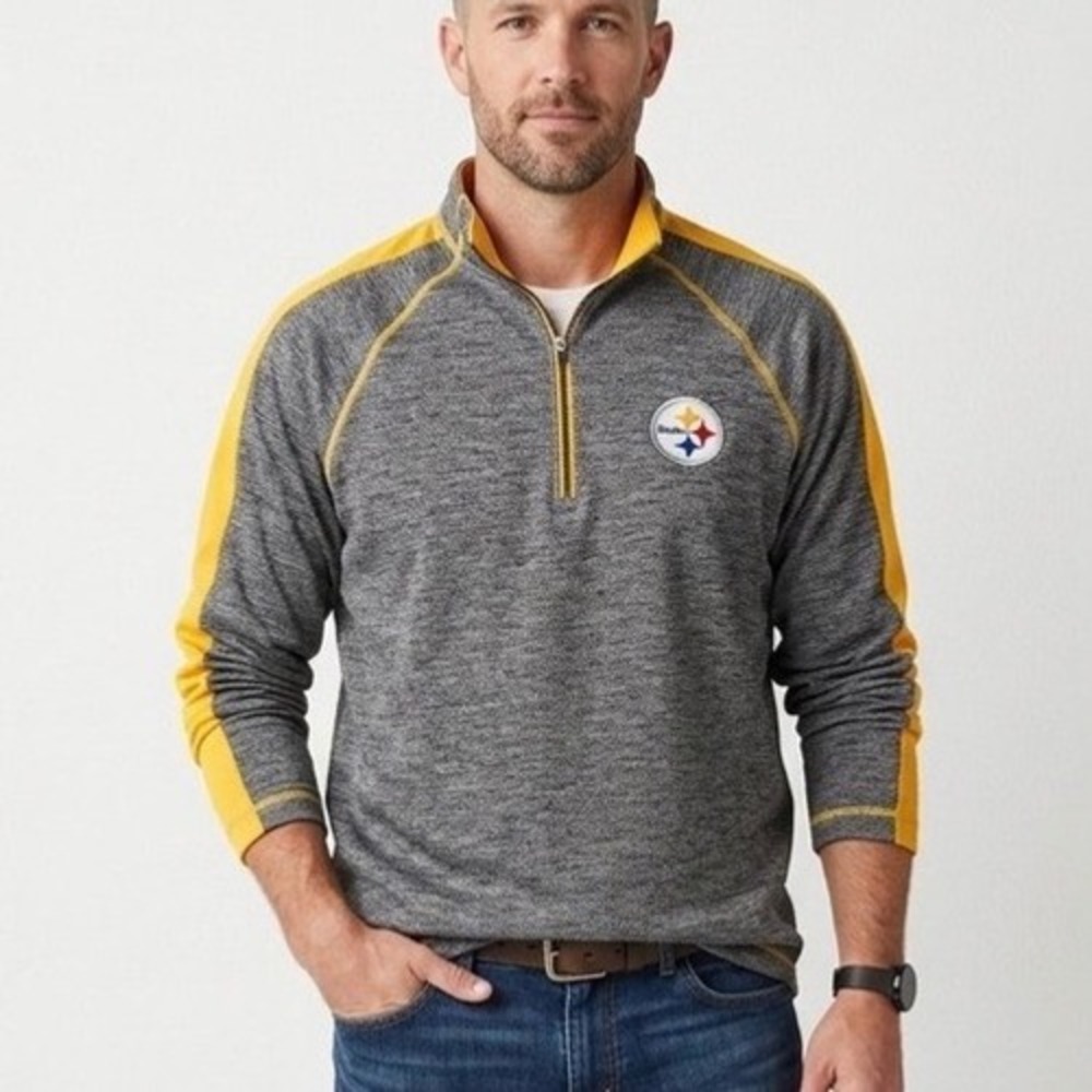 Antigua Mens Pittsburgh Steelers Quarter Zip Pullover Heather Grey Gold Large